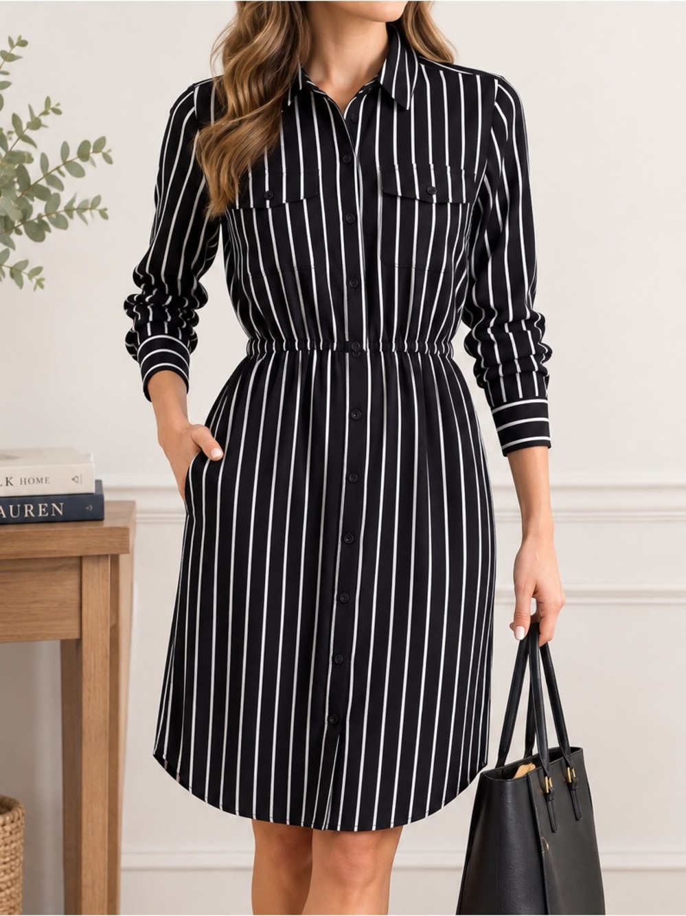 Lauren Ralph Lauren Black White Striped Shirt Dress Size 6 Long Sleeve Button